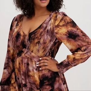 Torrid Women's Brown Tie Dye V-Neck Crinkle Boho Babydoll Top Size 2 -‎ 2X